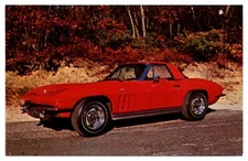 Postcard Corvette 1965 Roadster Bright Red Lacquer V8 Profile View on Country Rd