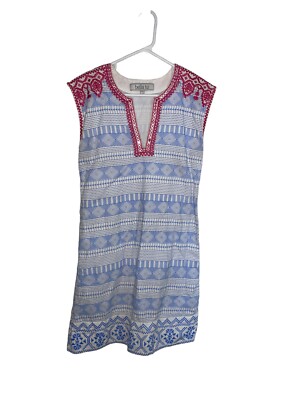 Bella Tu Embellished Embroidered Boho Dress Size XS Blue White Pink Preppy