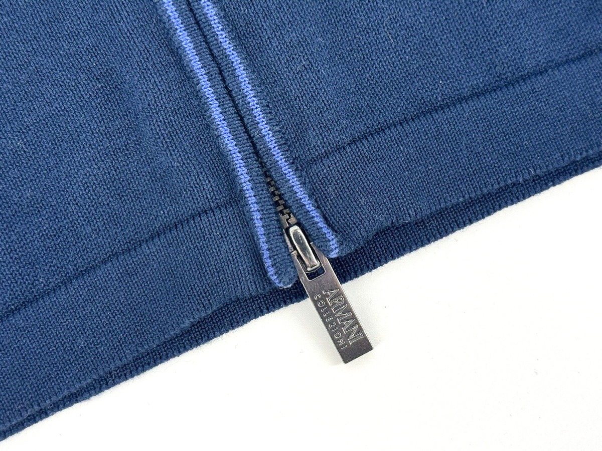 ARMANI COLLEZIONI: 濃紺色、ダブルジップアップセーター、 Men's ARMANI COLLEZIONI Navy Blue Silk & Cotton Double Zip