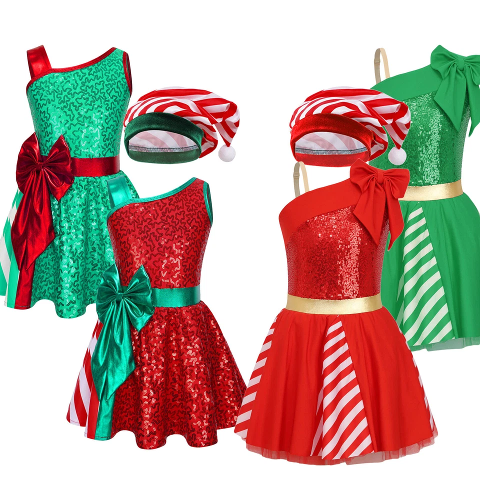 US~ Girls Sparkly Sequins Ballet Dance Christmas Costume Elf Party Fancy Dress - Image 2 of 4