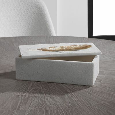 UTTERMOST 17724 NEPHELE WHITE STONE ETCHED GOLD LEAF FEATHER DECORATIVE BOX