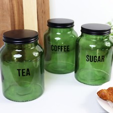 Glass Tea Coffee Sugar Canisters Retro Green Black Airtight Lids Kitchen Storage