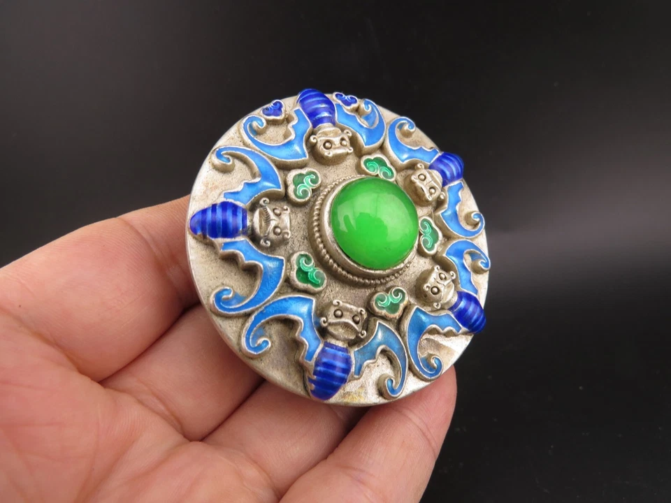 Chino, jade, coleccionables, plata vieja, incrustación de jadeíta, murciélago, hebilla de cinturón D369 Foto 3 de 4