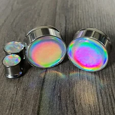 Silver Holographic Opal Double Flare Resin Plugs (MTO-078) gauges pair