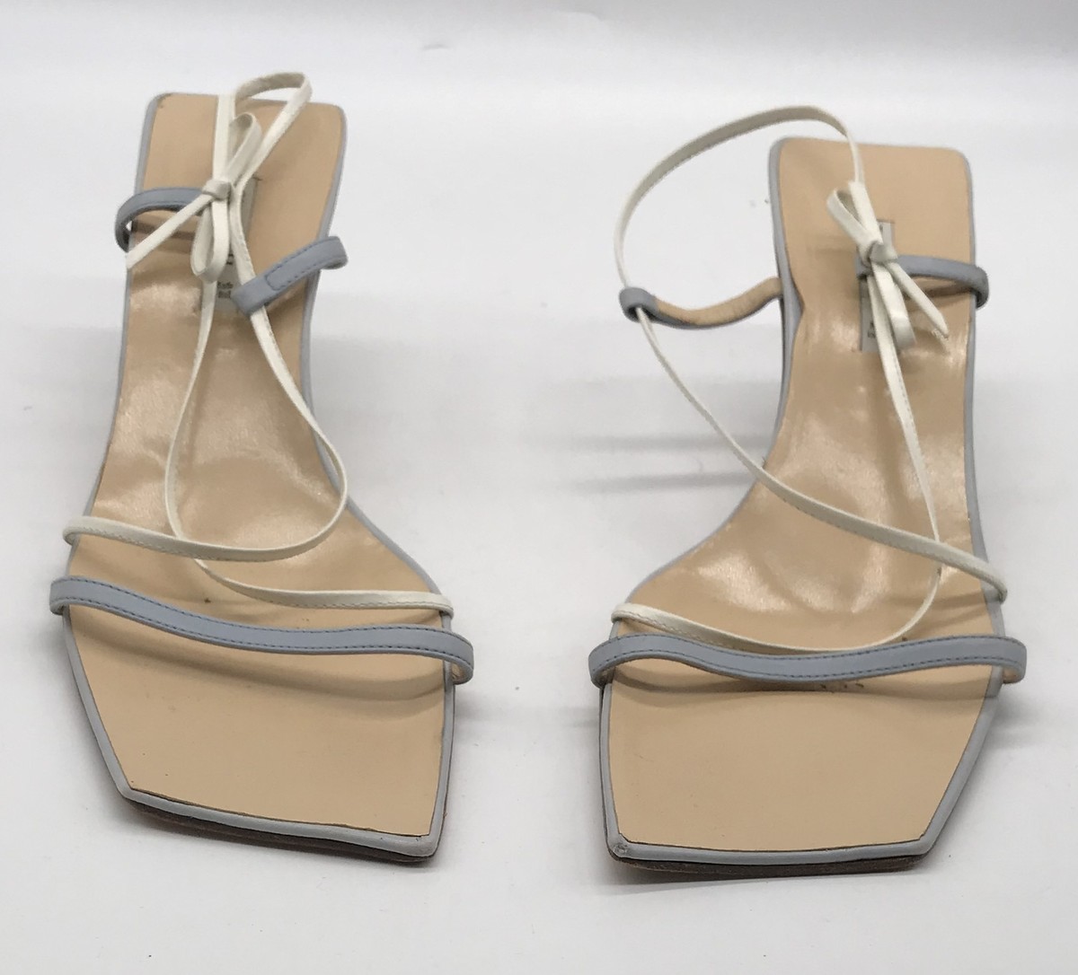 Bruno Magli blue white strappy sandal square toe heel sz