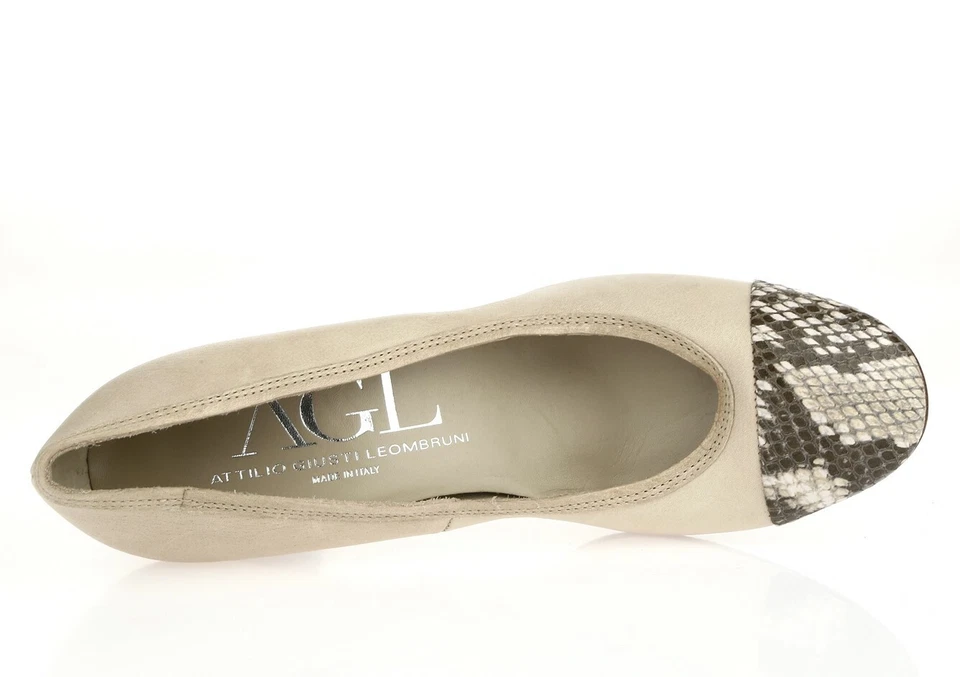 Mujer AGL 226444 Beige Cuero Puntera Serpiente Estampado Bloque Tacón Zapatos Talla. 38,5 Foto 2 de 4