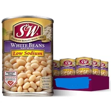 10 Pack) S&W Canned (Low Sodium) White Navy Beans, Gluten Free, Vegan, Fat Free.