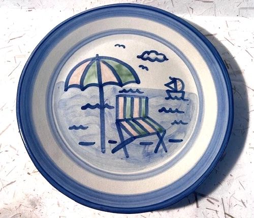 Hadley Pottery, 11" handmade Dinner plate, Day at the Beach, heavy, Exc Cond