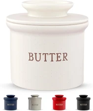 Butter Keeper Dish, French Ceramic Crock for Counter with Lid, Embossed Containe