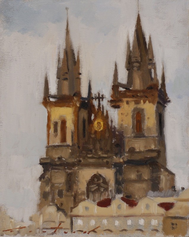 Tyn Church Original Oil Painting 8"X10" Canvas Board - Prague Art Czech Artwork