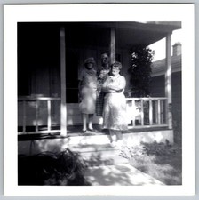 Vtg B&W Snapshot Three Women Bernice Mom Peg Standing On House Front Porch 1950s