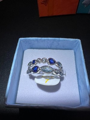 Beautiful Array of Lab Created Blue Spinel w/ Rhodium Plating band Size 7