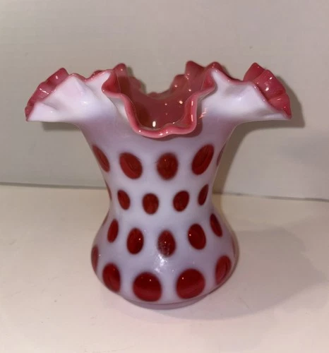 Fenton Cranberry Opalescent Pink Glass Coin Dot Ruffled Vase 6”