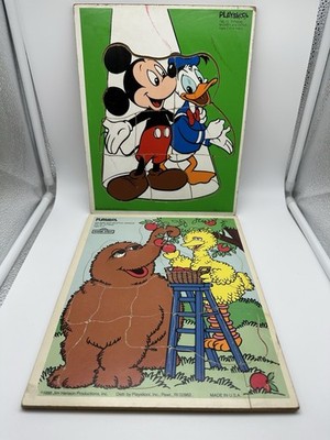 VTG PLAYSKOOL Colorful Wooden Puzzles Lot 2 Disney Sesame Street Mickey Donald