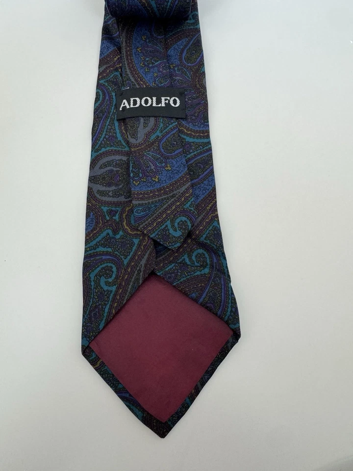 Corbata clásica para hombre Adolfo 100 % seda, patrón cachemir corbata gris púrpura Foto 3 de 4