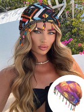 Beads-Tie-Dye Turban Hat With Colorful Beaded Fringe Adjustable Stretch