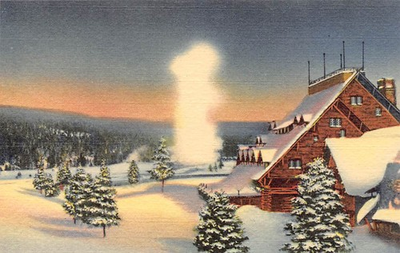 #ad Winter Scene Yellowstone National Park Old Faithful Inn amp; Geyser Vintage Postcar $2.99