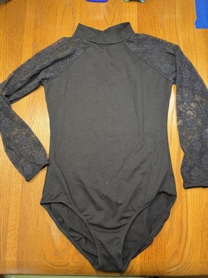 Black Lace long sleeve leotard. Dance bodysuit for big girls size 14:16