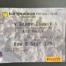 Burton Albion v Derby County(Division 1 2023/24) 12/8/2023 Match Ticket