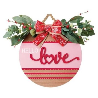 HAPPY VALENTINE'S DAY ''HELLO LOVE'' DOOR WOODEN CIRCLE DECORATIVE PLAQUE SIGN