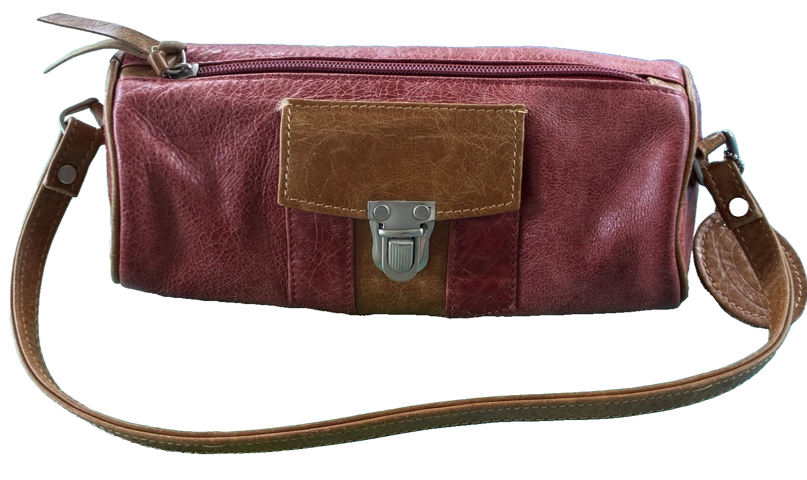 VINTAGE MODA ITALIA POLO PICCOLO RED WITH BROWN TRIM BARREL STYLE SMALL HANDBAG