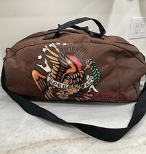 Ed Hardy Born Free Eagle Duffel Gym Bag Brown Tattoo Art Weekender Travel Strap