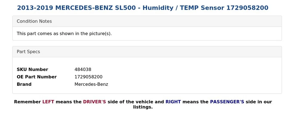 Mercedes-Benz SL500 2013-2019 - Sensor de humedad/temp 1729058200 Foto 3 de 3