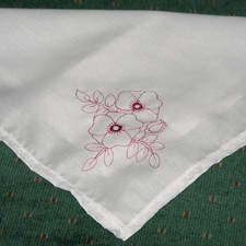 Embroidered Handkerchief Deep PInk Flower Handmade Hankie Lace edging White