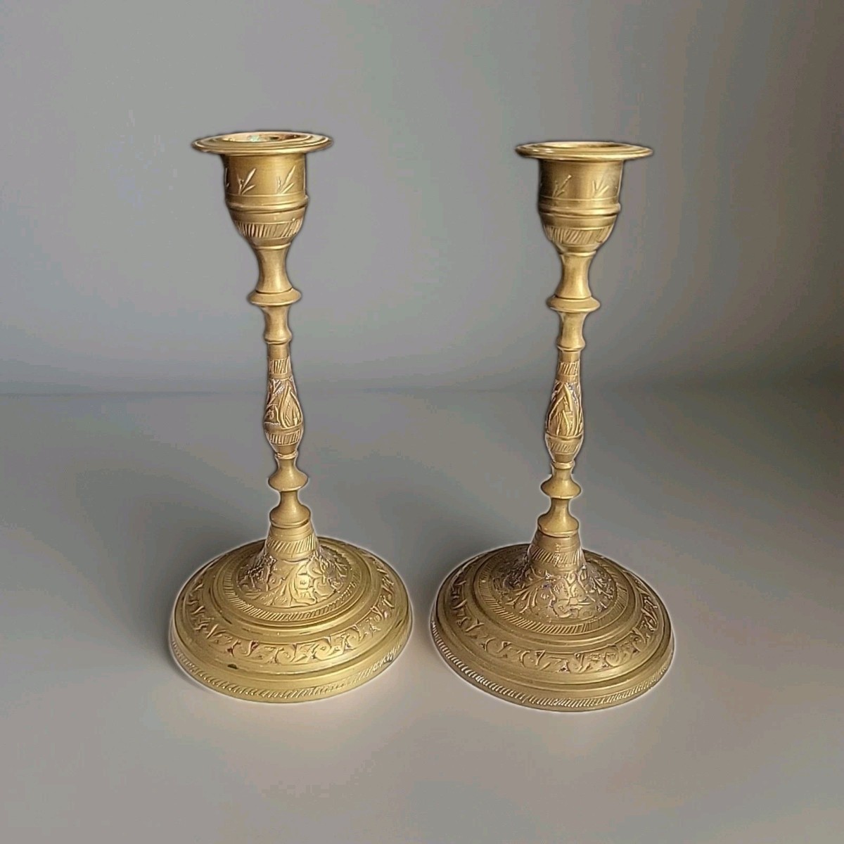 Two Vintage Brass Candlesticks Solid Brass Etched Engraved. 6", India