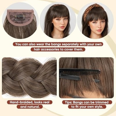 Braided Headband with 3 Detachable Bangs - Synthetic Hair Accessory Braided Headband with 3 Detachable Clip in Bangs Fringe  main image 3