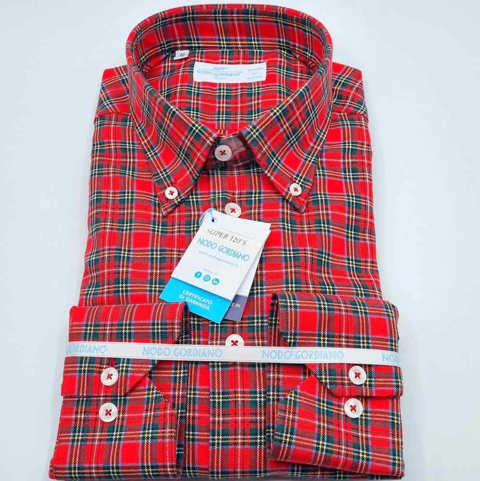 Camicia Quadri Scozzese Rosso Button down Cot. makò doppio ritorto Tess. Monti - Immagine 4 di 4