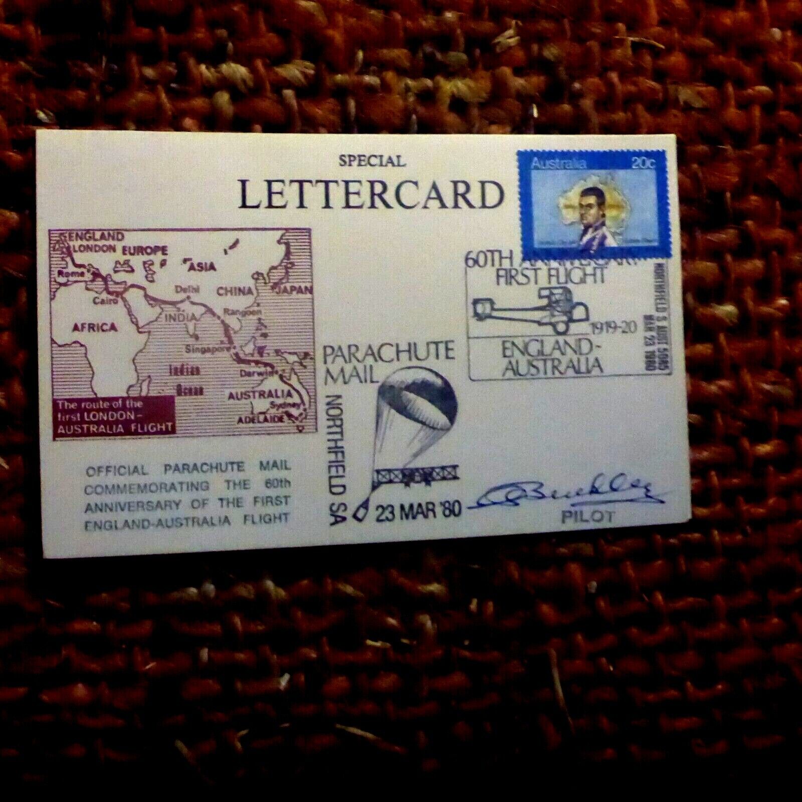 1980 Special Bergen lettercard 60TH ANNIV FLIGHT PARACHUTE MAIL signed by pilot
