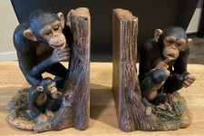 Chimpanzee Bookends Playing Hide and Seek By Tree Made in Thailand Very Cute EUC