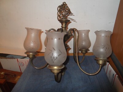 Antique Copper hanging light fixture with frosted glass shades - project restore