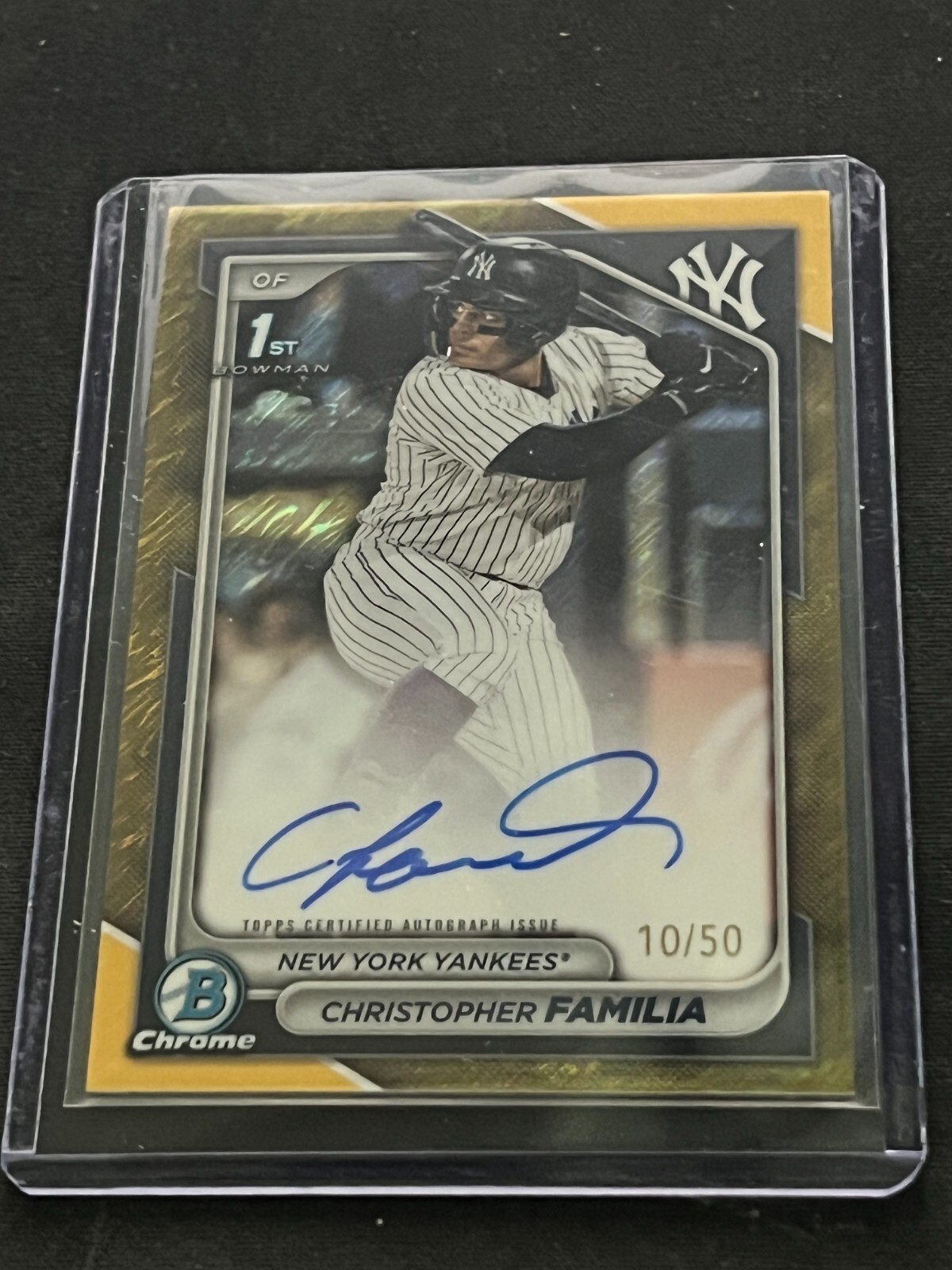 CHRISTOPHER FAMILIA 2024 BOWMAN CHROME 1ST GOLD SHIMMER AUTO 10/50 YANKEES