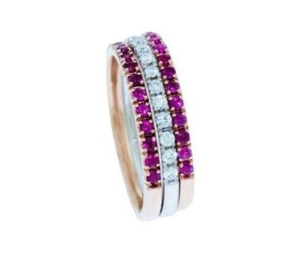 Ruby and White Diamond Half Eternity Ring Set(3) or Stacking Rings, Handmade,14K