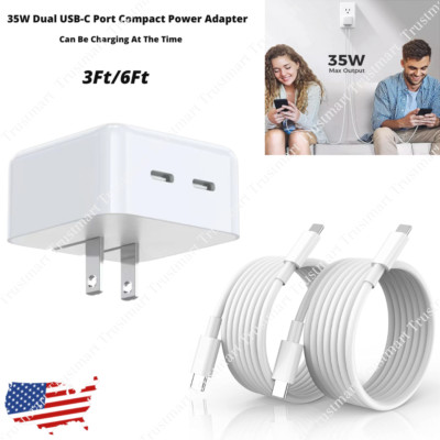 35W Dual PD Port Fast Charger Block USB-C Cable For iPhone 14/13/12/11/Pro/iPad