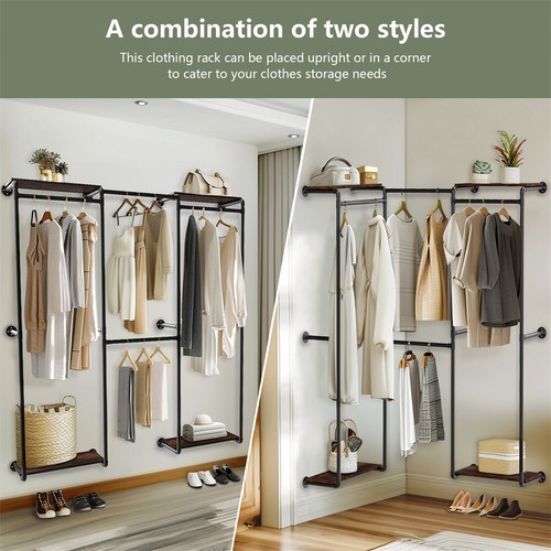 Industrial Pipe Clothing Rack w/ Shelves Adjustable Corner Garment Rack Wardrobe - Picture 10 of 14