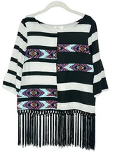 Floreat Anthropologie Fringed Latitudes Striped Tribal Embroidered Blouse Sz S