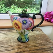 Blue Sky Pottery Tea Pot Art Nouveau Style Raised Decoration Poppies 8.5” High