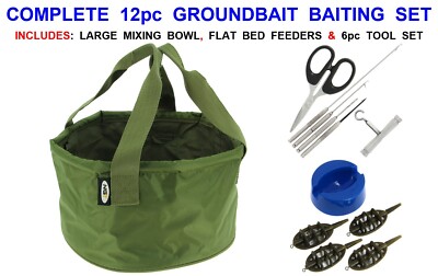 COMPLETE INLINE FLAT BED METHOD FEEDER SET GROUNDBAIT MIXING BOWL+BAITING TOOLS
