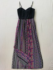 Women's Printed Side Slit Lined Lace to Chiffon Strappy Maxi Dress Black 18