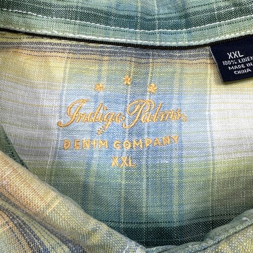 Tommy Bahama Shirt Men XXL Green Blue Plaid Linen Summer Beach Indigo Palms - Picture 2 of 14