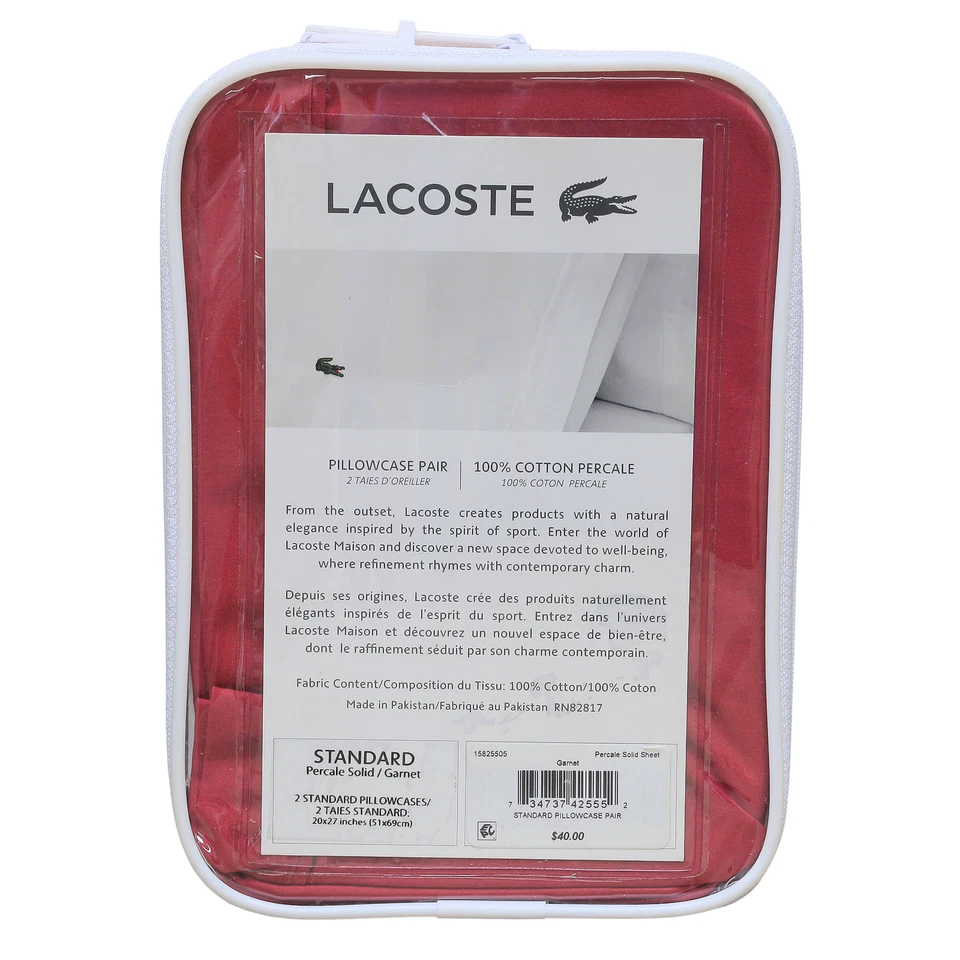 Par de fundas de almohada estándar lisa percal 100 % algodón Lacoste granate Foto 2 de 4