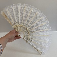 Vintage Hand Held Fan White Lace With Gold Detailing 45cm x 24cm