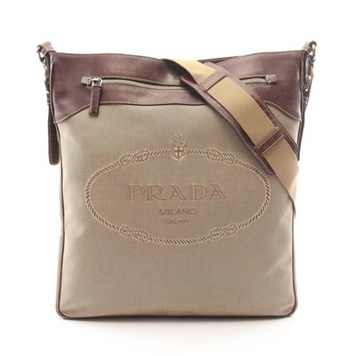 Prada LOGO JACQUARD Shoulder Bag Brown Leather #RCB12723