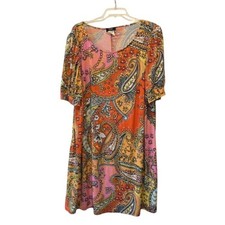 MSK 3X Paisley Shift Dress Orange Pink Boho Stretch Plus Size Made in USA