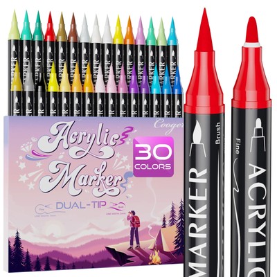 30 Colors Dual Tip Acrylic Paint Markers,Fine Tip and Brush Tip Permanent Acr...