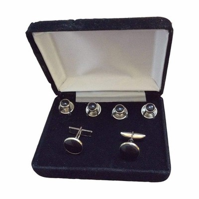 Silver Cuff Links & Stud Set with Black Inserts