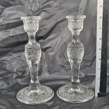 Etched Glass Candlestick Holders Set of 2 8in Floral Taper Candle Pair Clear